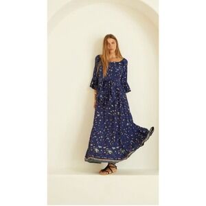 Natalie Martin 100% Silk Navy lotus Boho Maxi Dress Off Shoulder Resort Luxe